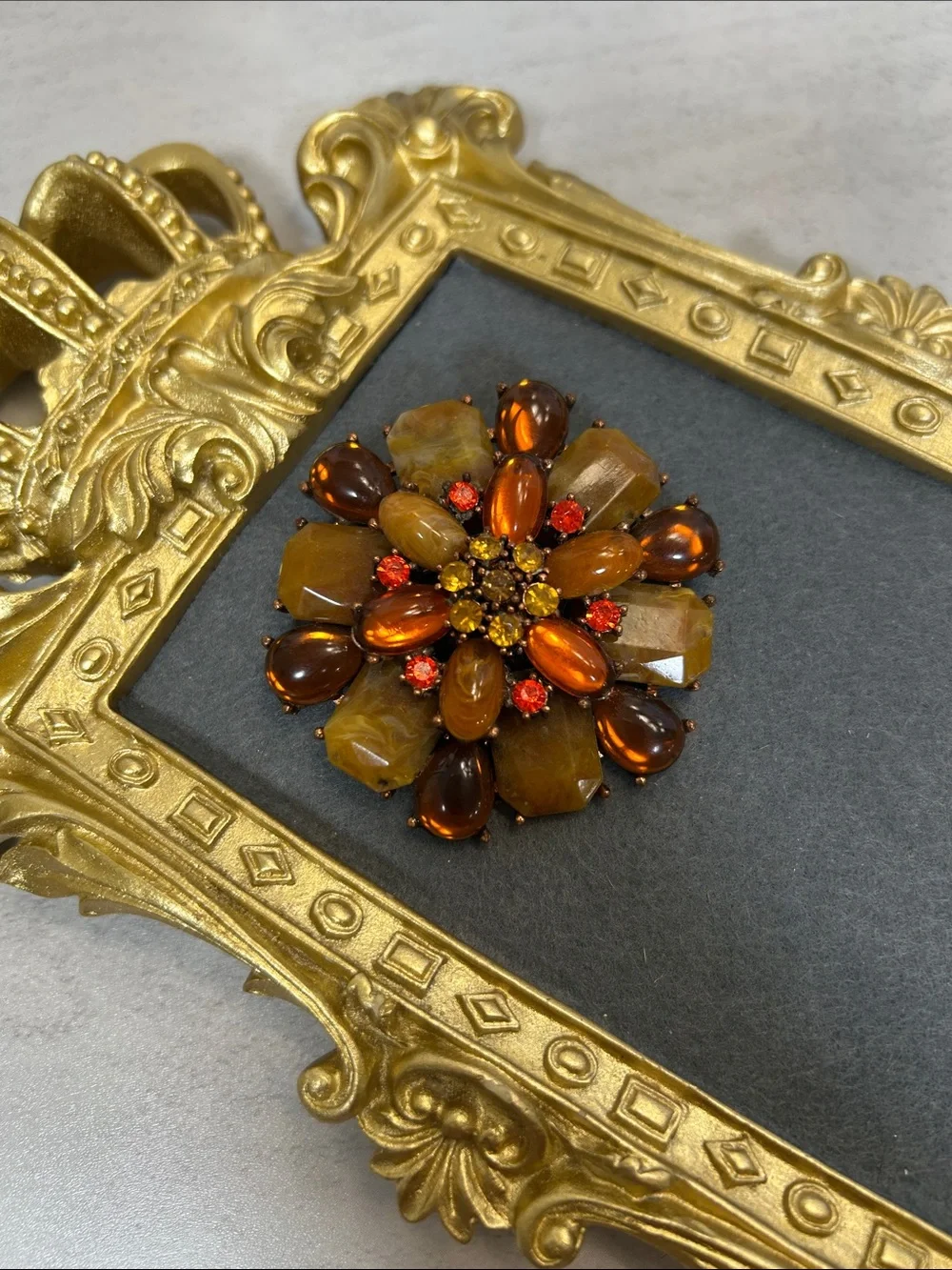 Vintage Floral Cluster Brooch in Amber & Orange Tones